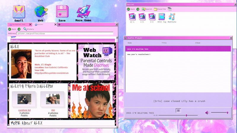 Official screenshot: the in-game browser showing Alex's Palisater profile page with a Secret folder and an audio player window open on top