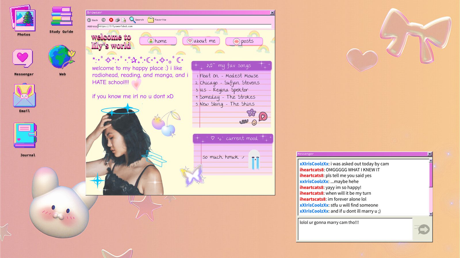 Official screenshot: Lily's 2004 desktop with her blog page 'welcome to Lily's world' open next to a chat window
