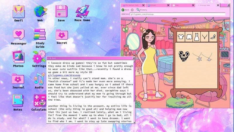 Official screenshot: the girlgames.com dress-up mini-game in Lily's browser with her Journal entry open beside it