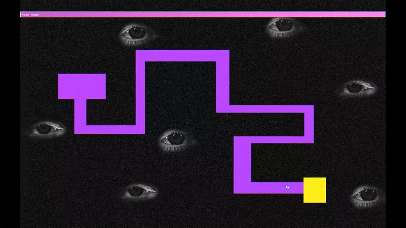Official screenshot: the in-game Maze Game app, a black screen filled with photo eyes and a purple path