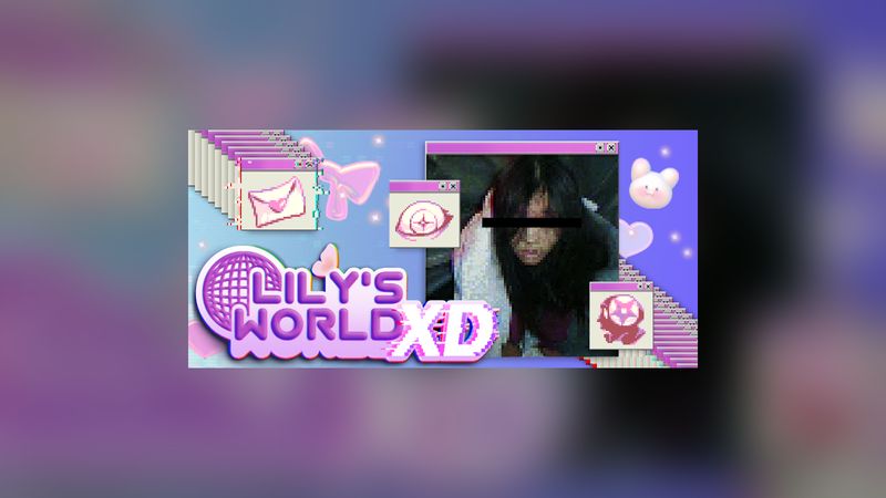 Official artwork: a desktop window showing a photo with the eyes censored, above the lily's world XD logo