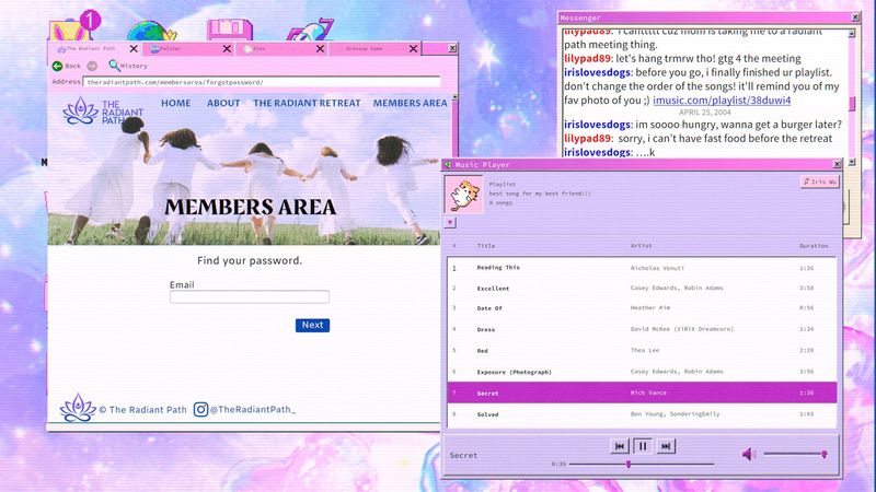 Official screenshot: the in-game browser on The Radiant Path members-area login page with the Messenger chat open