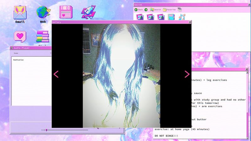 Official screenshot: an Audio Player window and a Secret photo viewer showing a blue-haired photo, with a notes window open
